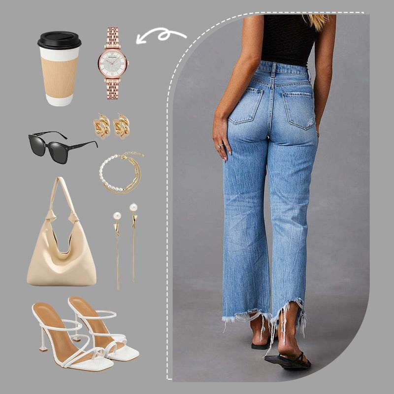 Jeans de mujer de tiro alto, con roturas y pernera acampanada